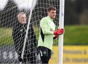 22 March 2025; Goalkeeper Mark Travers and goalkeeping coach Gudmundur Hreidarsson, left, during a Republic of Ireland training session at the FAI National Training Centre in Abbotstown, Dublin. Photo by Stephen McCarthy/Sportsfile