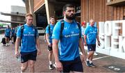 22 March 2025; Leinster players from left, Ciarán Frawley, Jordie Barrett and Rory McGuire arrive before the United Rugby Championship match between Vodacom Bulls and Leinster at Loftus Versfeld Stadium in Pretoria, South Africa. Photo by Shaun Roy/Sportsfile