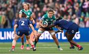 22 March 2025; Erin King of Ireland is tackled by Seraphine Okemba of France during the Women's Six Nations Rugby Championship match between Ireland and France at Kingspan Stadium in Belfast. Photo by Ramsey Cardy/Sportsfile
