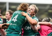 22 March 2025; Aoife Dalton, right, and Ruth Campbell of Ireland celebrate their side's second try, scored by Neve Jones, during the Women's Six Nations Rugby Championship match between Ireland and France at Kingspan Stadium in Belfast. Photo by Ramsey Cardy/Sportsfile