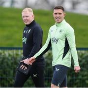 22 March 2025; Dara O'Shea and StatSport analyst Adam Fox during a Republic of Ireland training session at the FAI National Training Centre in Abbotstown, Dublin. Photo by Stephen McCarthy/Sportsfile
