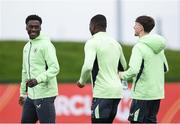 22 March 2025; James Abankwah, left, during a Republic of Ireland training session at the FAI National Training Centre in Abbotstown, Dublin. Photo by Stephen McCarthy/Sportsfile