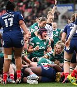 22 March 2025; Fiona Tuite of Ireland celebrates her side's third try, scored by Aoife Wafer, not pictured, during the Women's Six Nations Rugby Championship match between Ireland and France at Kingspan Stadium in Belfast. Photo by Ramsey Cardy/Sportsfile