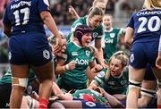 22 March 2025; Ireland players, from left, Edel McMahon, Fiona Tuite, and Aoife Dalton celebrate their side's third try, scored by Aoife Wafer, not pictured, during the Women's Six Nations Rugby Championship match between Ireland and France at Kingspan Stadium in Belfast. Photo by Ramsey Cardy/Sportsfile