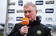 22 March 2025; Offaly manager Johnny Kelly is interviewed before the Allianz Hurling League Division 1B match between Waterford and Offaly at Walsh Park in Waterford. Photo by Seb Daly/Sportsfile