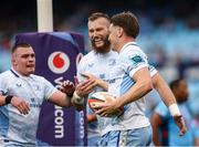 22 March 2025; Jordie Barrett of Leinster, right, celebrates with teammates Jack Boyle, left, and RG Snyman after scoring his side's first try during the United Rugby Championship match between Vodacom Bulls and Leinster at Loftus Versfeld Stadium in Pretoria, South Africa. Photo by Shaun Roy/Sportsfile