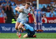 22 March 2025; Jordie Barrett of Leinster is tackled by Jan-Hendrik Wessels of Vodacom Bulls during the United Rugby Championship match between Vodacom Bulls and Leinster at Loftus Versfeld Stadium in Pretoria, South Africa. Photo by Shaun Roy/Sportsfile
