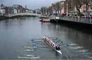 22 March 2025; The UCD Novice Women's team, Bow, Carrie Savage, Kate Ormsby, Isabella Devitt, Aoife Rendu, Martina D’Amico, Kate O’Doherty, Evie Jennings, Stroke Leonore Church and Cox Jessica Chamberlain contest the Sally Moorhead Trophy against The Trinity College Novice Women's team during the 75th annual Colours Boat Race between UCD and Trinity College on the River Liffey in Dublin. Photo by Shauna Clinton/Sportsfile