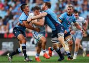 22 March 2025; Scott Penny of Leinster in action against Harold Vorster, left, and Jannes Kirsten of Vodacom Bulls during the United Rugby Championship match between Vodacom Bulls and Leinster at Loftus Versfeld Stadium in Pretoria, South Africa. Photo by Shaun Roy/Sportsfile