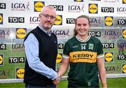 22 March 2025; Lidl Killarney store manager Stephen O’Connell shakes the hand of Player of the Match Síofra O’Shea of Kerry after her performance in the Lidl Ladies National Football League Division 1 Round 6 match between Kerry and Meath at Austin Stack Park in Tralee, Kerry. Photo by Brendan Moran/Sportsfile
