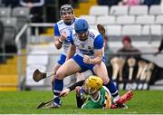 22 March 2025; Paddy Leavey of Waterford celebrates in front of Offaly's Dan Bourke after winning a free during the Allianz Hurling League Division 1B match between Waterford and Offaly at Walsh Park in Waterford. Photo by Seb Daly/Sportsfile