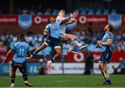 22 March 2025; Tommy O'Brien of Leinster contests a high ball with Keagan Johannes of Vodacom Bulls during the United Rugby Championship match between Vodacom Bulls and Leinster at Loftus Versfeld Stadium in Pretoria, South Africa. Photo by Shaun Roy/Sportsfile