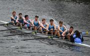 22 March 2025; The UCD Boat Club, Bow Sam Delahunty, Adam Nolan, Sean Flaherty, Jack Kelly, Ross Winship, Conor McCarthy, Conal Irvine, Stroke Jack Hanson and Cox Orla Whelton contest the Dan Quinn Shield against Dublin University Boat Club during the 75th annual Colours Boat Race between UCD and Trinity College on the River Liffey in Dublin. Photo by Ray McManus/Sportsfile