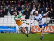22 March 2025; David Nally of Offaly in action against Conor Ryan of Waterford during the Allianz Hurling League Division 1B match between Waterford and Offaly at Walsh Park in Waterford. Photo by Seb Daly/Sportsfile