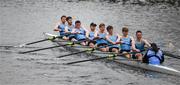 22 March 2025; The UCD Boat Club, Bow Sam Delahunty, Adam Nolan, Sean Flaherty, Jack Kelly, Ross Winship, Conor McCarthy, Conal Irvine, Stroke Jack Hanson and Cox Orla Whelton contest the Dan Quinn Shield against Dublin University Boat Club during the 75th annual Colours Boat Race between UCD and Trinity College on the River Liffey in Dublin. Photo by Ray McManus/Sportsfile