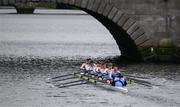 22 March 2025; The UCD Boat Club, Bow Sam Delahunty, Adam Nolan, Sean Flaherty, Jack Kelly, Ross Winship, Conor McCarthy, Conal Irvine, Stroke Jack Hanson and Cox Orla Whelton contest the Dan Quinn Shield against Dublin University Boat Club during the 75th annual Colours Boat Race between UCD and Trinity College on the River Liffey in Dublin. Photo by Ray McManus/Sportsfile