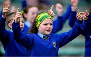 22 March 2025; Emma O'Sullivan, a student from Kilmurry National School in Cordal, Kerry, performs Amhrán na bhFiann by sign language with her class and teacher, Kerry footballer Eilís Lynch, not pictured, before the Lidl Ladies National Football League Division 1 Round 6 match between Kerry and Meath at Austin Stack Park in Tralee, Kerry. Photo by Brendan Moran/Sportsfile