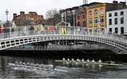 22 March 2025; The UCD Novice Men's team, left, Bow, Sam Delahunty, Adam Nolan, Sean Flaherty, Jack Kelly, Ross Winship, Conor McCarthy, Conal Irvine, Stroke Jack Hanson and Cox Orla Whelton contest the Dan Quinn Shield against The Trinity College Novice Men's team  during the 75th annual Colours Boat Race between UCD and Trinity College on the River Liffey in Dublin. Photo by Shauna Clinton/Sportsfile