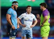 22 March 2025; Referee Ben Whitehouse speaks with captains Luke McGrath of Leinster and Marcell Coetzee of Vodacom Bulls during the United Rugby Championship match between Vodacom Bulls and Leinster at Loftus Versfeld Stadium in Pretoria, South Africa. Photo by Shaun Roy/Sportsfile