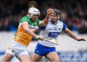 22 March 2025; Oisin Kelly of Offaly in action against Mark Fitzgerald of Waterford during the Allianz Hurling League Division 1B match between Waterford and Offaly at Walsh Park in Waterford. Photo by Seb Daly/Sportsfile