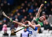 22 March 2025; Charlie Mitchell of Offaly in action against Mark Fitzgerald of Waterford during the Allianz Hurling League Division 1B match between Waterford and Offaly at Walsh Park in Waterford. Photo by Seb Daly/Sportsfile