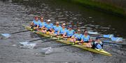22 March 2025; UCD Ladies Boat Club, Bow Alison Daly, Eimear Muldoon, Sarah Butler, Dervila O’Brien, Tara Phelan, Aoife Feeley, Niamh Campbell, Stroke Lauryn Roche and Cox Neasa Farrell contest the Corcoran Cup against Dublin University Ladies Boat Club team during the 75th annual Colours Boat Race between UCD and Trinity College on the River Liffey in Dublin. Photo by Ray McManus/Sportsfile