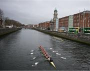 22 March 2025; UCD Ladies Boat Club, Bow Alison Daly, Eimear Muldoon, Sarah Butler, Dervila O’Brien, Tara Phelan, Aoife Feeley, Niamh Campbell, Stroke Lauryn Roche and Cox Neasa Farrell lead the Corcoran Cup against Dublin University Ladies Boat Club team along Arran Quay during the 75th annual Colours Boat Race between UCD and Trinity College on the River Liffey in Dublin. Photo by Ray McManus/Sportsfile