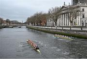 22 March 2025; The UCD Senior Women's team, far right, Bow, Alison Daly, Eimear Muldoon, Sarah Butler, Dervila O’Brien, Tara Phelan, Aoife Feeley, Niamh Campbell, Stroke Lauryn Roche and Cox Neasa Farrell contest the Corcoran Cup against the The Trinity College Senior Women's team during the 75th annual Colours Boat Race between UCD and Trinity College on the River Liffey in Dublin. Photo by Shauna Clinton/Sportsfile