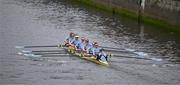 22 March 2025; UCD Ladies Boat Club, Bow Alison Daly, Eimear Muldoon, Sarah Butler, Dervila O’Brien, Tara Phelan, Aoife Feeley, Niamh Campbell, Stroke Lauryn Roche and Cox Neasa Farrell contest the Corcoran Cup against Dublin University Ladies Boat Club team during the 75th annual Colours Boat Race between UCD and Trinity College on the River Liffey in Dublin. Photo by Ray McManus/Sportsfile