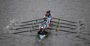 22 March 2025; UCD Boat Club, Bow Eoin McGrath, David Ross-Chu, Andrew O’Leary, Ciaran Conway, Paul Flood, Ross Mason, Daire Lynch, Stroke Dach Murray and Cox Rhian Nelson contest the Gannon Cup lead Dublin University Boat Club as they pass the FourCourts during the 75th annual Colours Boat Race between UCD and Trinity College on the River Liffey in Dublin. Photo by Ray McManus/Sportsfile