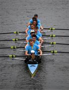 22 March 2025; UCD Boat Club, Bow Eoin McGrath, David Ross-Chu, Andrew O’Leary, Ciaran Conway, Paul Flood, Ross Mason, Daire Lynch, Stroke Dach Murray and Cox Rhian Nelson contest the Gannon Cup lead Dublin University Boat Club as they pass the FourCourts during the 75th annual Colours Boat Race between UCD and Trinity College on the River Liffey in Dublin. Photo by Ray McManus/Sportsfile