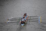 22 March 2025; UCD Boat Club, Bow Eoin McGrath, David Ross-Chu, Andrew O’Leary, Ciaran Conway, Paul Flood, Ross Mason, Daire Lynch, Stroke Dach Murray and Cox Rhian Nelson contest the Gannon Cup lead Dublin University Boat Club as they pass the FourCourts during the 75th annual Colours Boat Race between UCD and Trinity College on the River Liffey in Dublin. Photo by Ray McManus/Sportsfile
