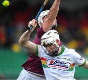 22 March 2025; Martin Kavanagh of Carlow in action against Robbie Greville of Westmeath during the Allianz Hurling League Division 1B match between Carlow and Westmeath at Netwatch Cullen Park in Carlow. Photo by Matt Browne/Sportsfile