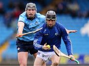 22 March 2025; Ronan Hayes of Dublin in action against Laois goalkeeper Eoin Fleming during the Allianz Hurling League Division 1B match between Laois and Dublin at Laois Hire O'Moore Park in Portlaoise, Laois. Photo by Thomas Flinkow/Sportsfile