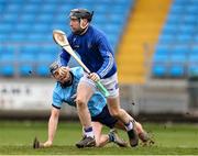 22 March 2025; Laois goalkeeper Eoin Fleming in action against Ronan Hayes of Dublin during the Allianz Hurling League Division 1B match between Laois and Dublin at Laois Hire O'Moore Park in Portlaoise, Laois. Photo by Thomas Flinkow/Sportsfile