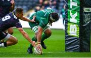 22 March 2025; Shamus Hurley-Langton of Connacht touches down to score a try during the United Rugby Championship match between Ospreys and Connacht at Swansea.com Stadium in Swansea, Wales. Photo by Darren Griffiths/Sportsfile
