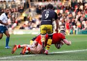 22 March 2025; Rob Herring of Ulster scores a try during the United Rugby Championship match between Dragons and Ulster at Rodney Parade in Newport, Wales. Photo by Chris Fairweather/Sportsfile