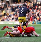 22 March 2025; Rob Herring of Ulster scores a try during the United Rugby Championship match between Dragons and Ulster at Rodney Parade in Newport, Wales. Photo by Chris Fairweather/Sportsfile