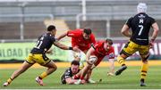 22 March 2025; Stewart Moore of Ulster is tackled by Dylan Kelleher-Griffiths of Dragons during the United Rugby Championship match between Dragons and Ulster at Rodney Parade in Newport, Wales. Photo by Chris Fairweather/Sportsfile