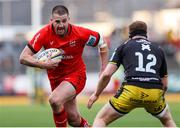 22 March 2025; Stuart McCloskey of Ulster is tackled by Aneurin Owen of Dragons during the United Rugby Championship match between Dragons and Ulster at Rodney Parade in Newport, Wales. Photo by Chris Fairweather/Sportsfile