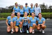 22 March 2025; The UCD Senior Women's team, back row, from left, Lauryn Roche, Niamh Campbell, Aoife Feeley, Tara Phelan and coach Conan O'Connell, with front row, from left, Sarah Butler, Dervila O’Brien, Neasa Farrell, Eimear Muldoon, Alison Daly after winning the Corcoran Cup Trophy in the 75th annual Colours Boat Race between UCD and Trinity College on the River Liffey in Dublin. Photo by Shauna Clinton/Sportsfile