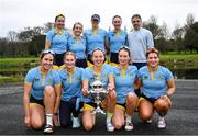 22 March 2025; The UCD Senior Women's team, back row, from left, Lauryn Roche, Niamh Campbell, Aoife Feeley, Tara Phelan and coach Conan O'Connell, with front row, from left, Sarah Butler, Neasa Farrell, Dervila O’Brien, Eimear Muldoon, Alison Daly after winning the Corcoran Cup Trophy in the 75th annual Colours Boat Race between UCD and Trinity College on the River Liffey in Dublin. Photo by Shauna Clinton/Sportsfile
