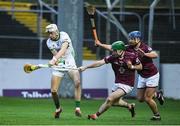 22 March 2025; Conor Kehoe of Carlow in action against Shane Williams and Gary Greville of Westmeath during the Allianz Hurling League Division 1B match between Carlow and Westmeath at Netwatch Cullen Park in Carlow. Photo by Matt Browne/Sportsfile