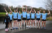 22 March 2025; The UCD Senior Men's team, from left, Rhian Nelson, Eoin McGrath, Paul Flood, Dach Murray, Ross Mason, David Ross-Chu, Andrew O’Leary, Daire Lynch and Ciaran Conway after winning the Gannon Cup in the 75th annual Colours Boat Race between UCD and Trinity College on the River Liffey in Dublin. Photo by Shauna Clinton/Sportsfile