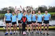 22 March 2025; The UCD Senior Men's team, from left, Paul Flood, Eoin McGrath, Ross Mason, Rhian Nelson, David Ross-Chu, Dach Murray, Andrew O’Leary, Ciaran Conway and Daire Lynch after winning the Gannon Cup in the 75th annual Colours Boat Race between UCD and Trinity College on the River Liffey in Dublin. Photo by Shauna Clinton/Sportsfile