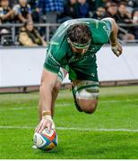 22 March 2025; Shamus Hurley-Langton of Connacht scores his sides sixth try during the United Rugby Championship match between Ospreys and Connacht at Swansea.com Stadium in Swansea, Wales. Photo by Geraint Nicholas/Sportsfile