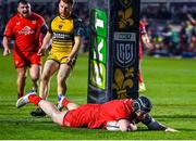 22 March 2025; Scott Wilson of Ulster scores his sides fourth try during the United Rugby Championship match between Dragons and Ulster at Rodney Parade in Newport, Wales. Photo by Ben Brain/Sportsfile