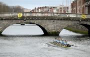 22 March 2025; The UCD Senior Men's team, Bow, Eoin McGrath, David Ross-Chu, Andrew O’Leary, Ciaran Conway, Paul Flood, Ross Mason, Daire Lynch, Stroke Dach Murray and Cox Rhian Nelson contest the Gannon Cup against The Trinity College Senior Men's team during the 75th annual Colours Boat Race between UCD and Trinity College on the River Liffey in Dublin. Photo by Shauna Clinton/Sportsfile
