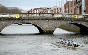 22 March 2025; The UCD Senior Men's team, Bow, Eoin McGrath, David Ross-Chu, Andrew O’Leary, Ciaran Conway, Paul Flood, Ross Mason, Daire Lynch, Stroke Dach Murray and Cox Rhian Nelson contest the Gannon Cup against The Trinity College Senior Men's team during the 75th annual Colours Boat Race between UCD and Trinity College on the River Liffey in Dublin. Photo by Shauna Clinton/Sportsfile