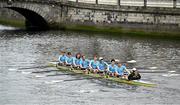 22 March 2025; The UCD Senior Men's team, Bow, Eoin McGrath, David Ross-Chu, Andrew O’Leary, Ciaran Conway, Paul Flood, Ross Mason, Daire Lynch, Stroke Dach Murray and Cox Rhian Nelson contest the Gannon Cup against The Trinity College Senior Men's team during the 75th annual Colours Boat Race between UCD and Trinity College on the River Liffey in Dublin. Photo by Shauna Clinton/Sportsfile